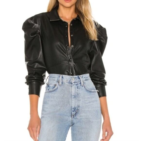 Blank NYC Puff Sleeve Faux Leather Snap Button Front Shirt Black XS - Picture 1 of 5